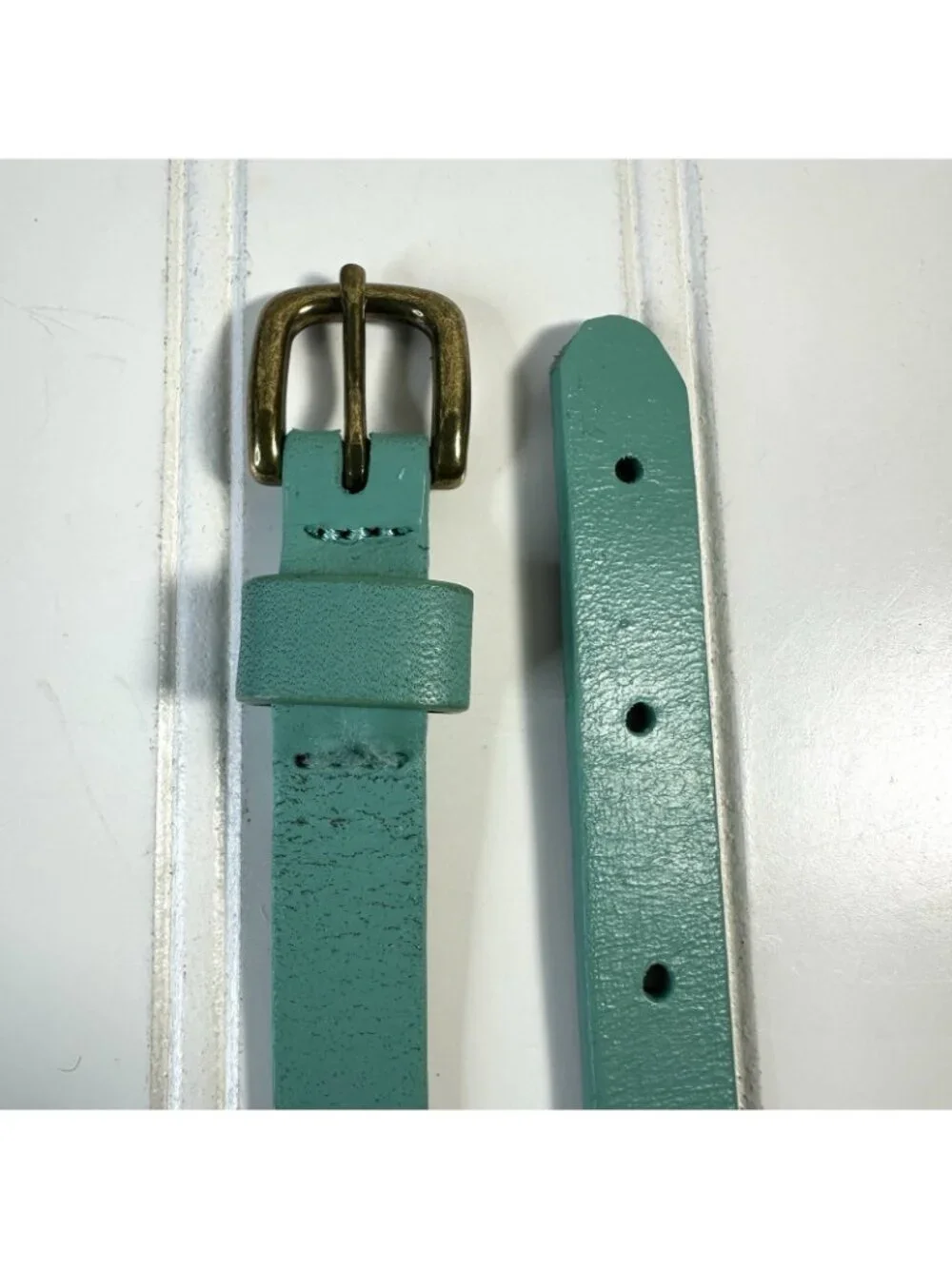 Women's Teal Skinny Belt 38” Solid Adjustable Brass Metal Buckle Retro Mod Y2K